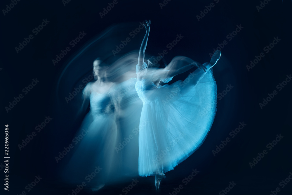 Fototapeta premium The photo as art - a sensual and emotional dance of beautiful ballerina through the veil on a dark background. A stroboscopic image of the one model