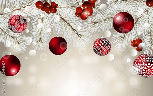 Christmas card with balls and fir branches with space for text. Vector Christmas design for greeting card, party invitation, holiday sales.