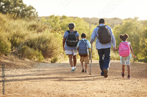 Rear View Of Grandparents With Grandchildren Wearing Backpacks Hiking In Countryside Together
