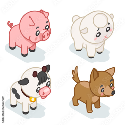 Farm animal cub isometric 3d cute baby cartoon flat design icons set vector illustration