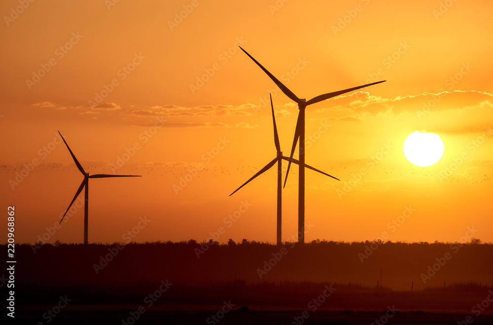Silhouette of wind turbines at sunset. The concept of alternativ Silhouette of wind turbines at sunset. The concept of alternativ