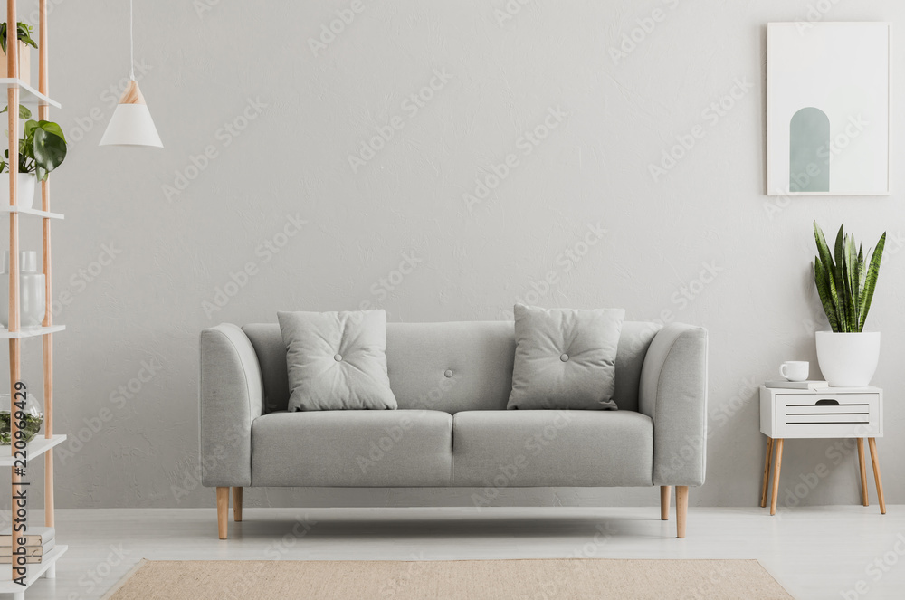 Poster above white cabinet with plant next to grey sofa in simple living  room interior. Real photo foto de Stock | Adobe Stock