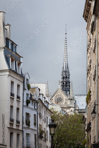 Notre Dame Catherdral Glimpsed between Buildings in the 5th Arrondissement of Paris