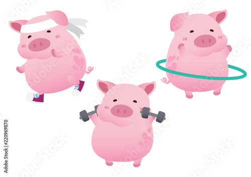 pink cute pig exercise diet character design vector