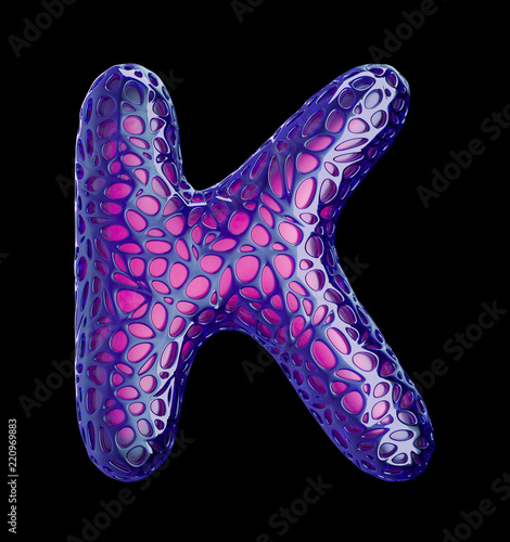 Purple plastic letter K with abstract holes. 3d