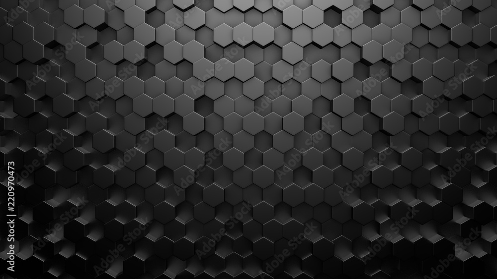 Silver black metallic background with hexagons. 3d illustration, 3d rendering.
