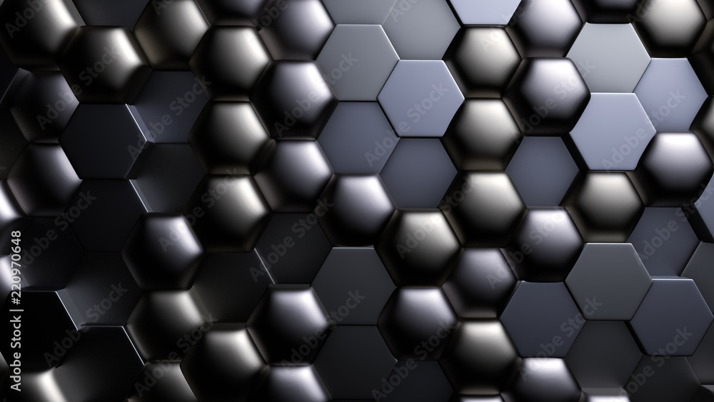 Blue black metallic background with hexagons. 3d illustration, 3d rendering. Blue black metallic background with hexagons. 3d illustration, 3d rendering.