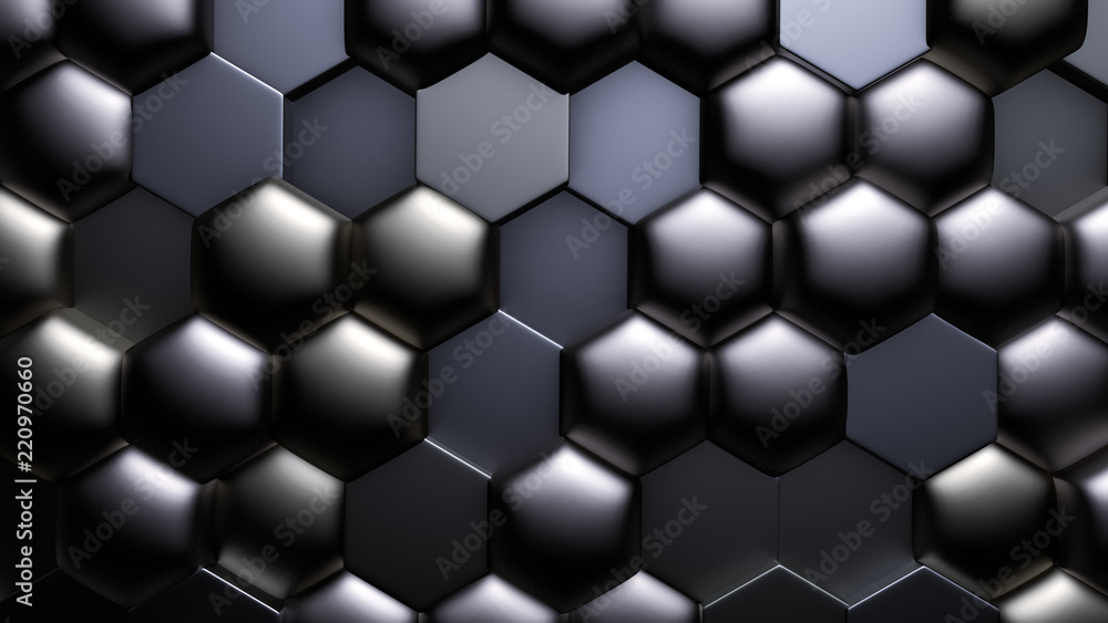 Blue black metallic background with hexagons. 3d illustration, 3d rendering. Blue black metallic background with hexagons. 3d illustration, 3d rendering.