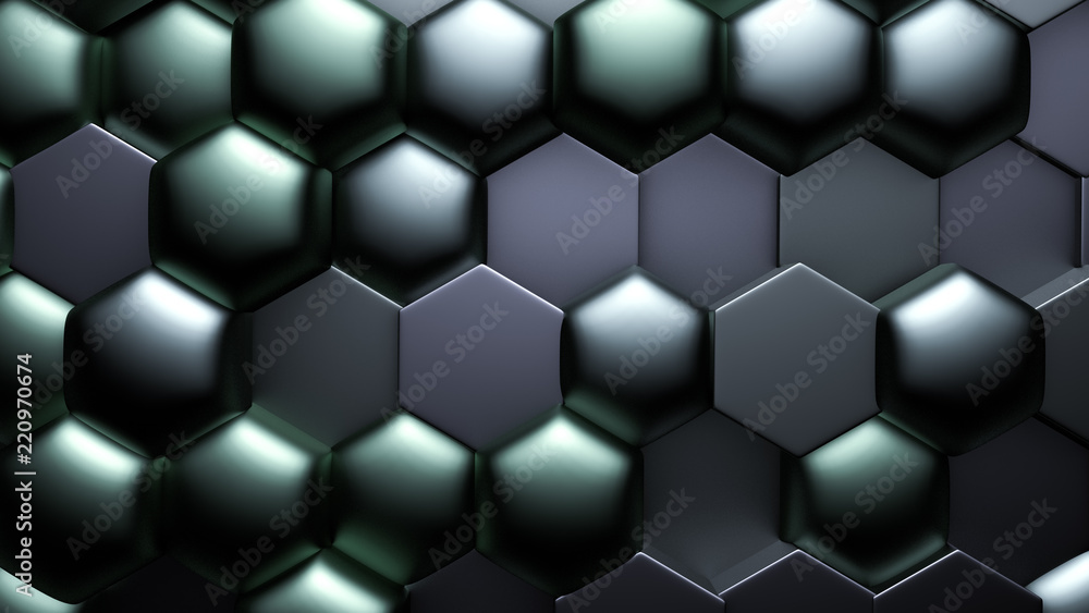 Green black metallic background with hexagons. 3d illustration, 3d rendering. Green black metallic background with hexagons. 3d illustration, 3d rendering.