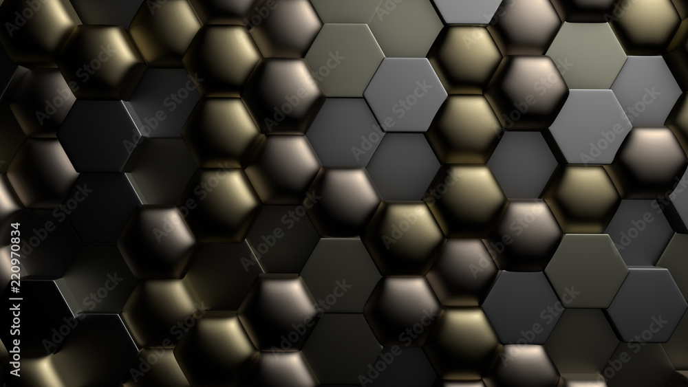 Golden black metallic background with hexagons. 3d illustration, 3d rendering. Golden black metallic background with hexagons. 3d illustration, 3d rendering.