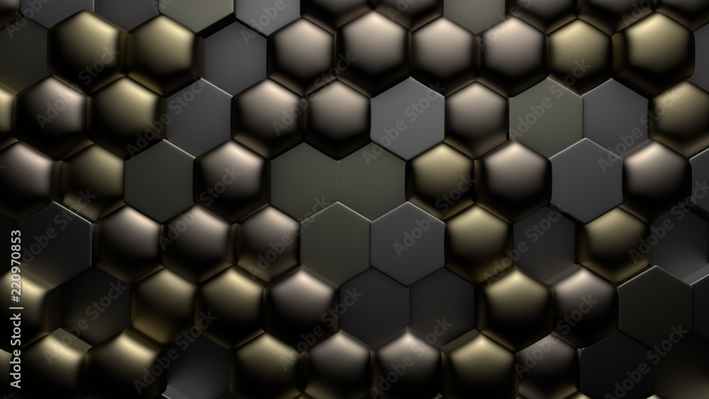 Golden black metallic background with hexagons. 3d illustration, 3d rendering. Golden black metallic background with hexagons. 3d illustration, 3d rendering.