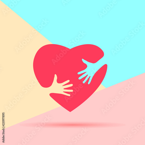 Flat minimalism image of Embrace Heart Shape with hands Logo design template icon on pastel colored pink and blue background, hugging heart, concept of love and care, 