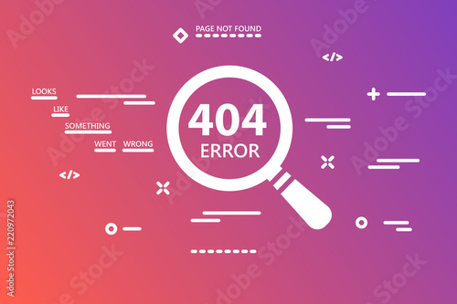 404 error page not found illustration with magnifying glass on gradient pink colored background with line art