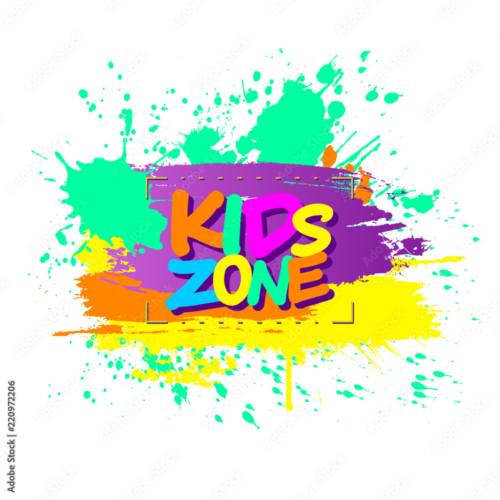Fototapeta premium Colorful paint splashes with Kids zone emblem for children playground for play and fun