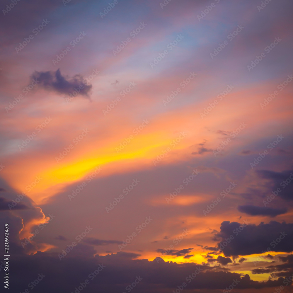Fototapeta premium Sunset with sun rays, sky with clouds and sun. Beautiful landscape nature blur light.