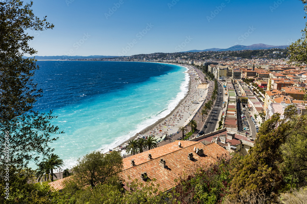 A view of the Promenade des Anglais in Nice, France taken from the park Colline du Chateau which offers amazing views of the city.