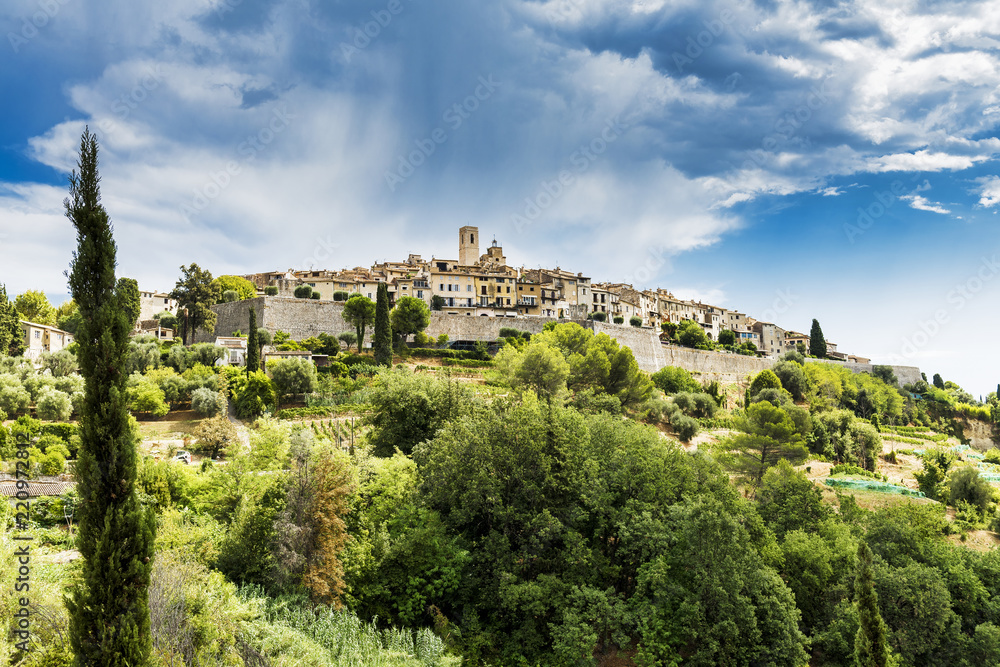 A panoramic view of Saint-Paul-de-Vence in France. The village is located in the Alpes-Maritimes area of southeast france and is one of the oldest medieval towns on the French Riviera.