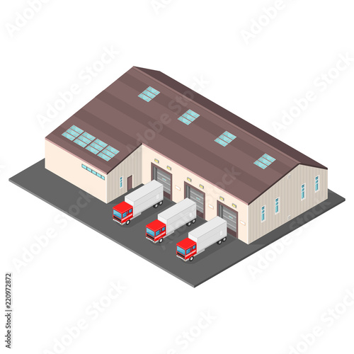 Isometric vector illustration of a warehouse with delivery trucks
Manufacturer storage distribution.