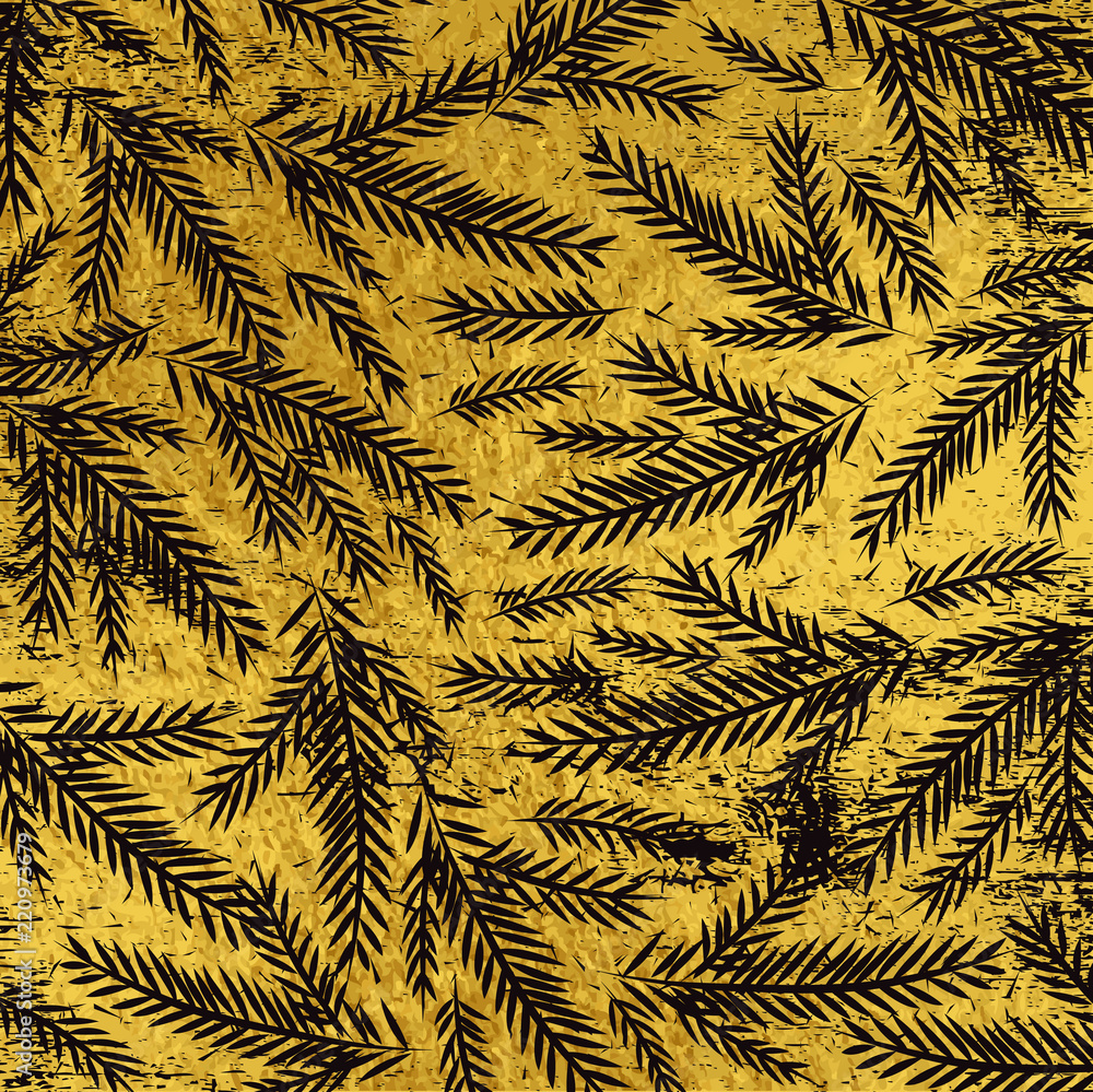 Grunge  golden christmas background with black alder twigs, vector illustration