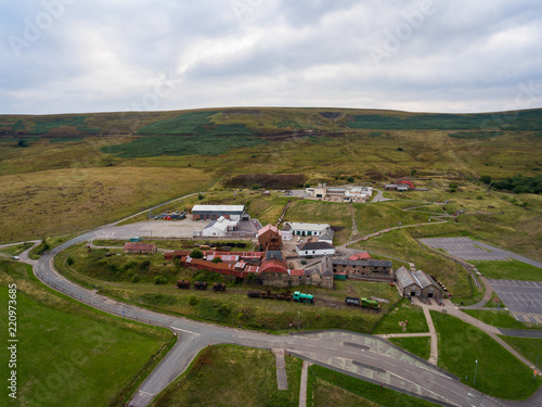 An aerial view of an Old Coal Mine Pit Yard on overcast Day, Blaenavon, Wales