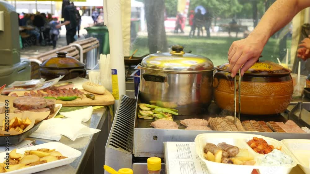 Different food dishes layout showcase in a street food festival in