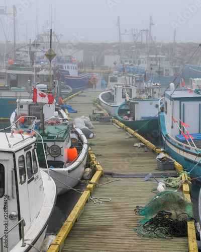 Fishing boats on a foggy summer afternoon at the harbor of Saint Bride's in Newfoundland and Labrador