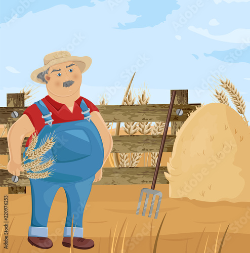Farmer and hay cartoon character Vector. Funny man with spud cleaning