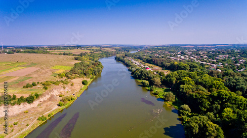 Aerial view of the river field and village.