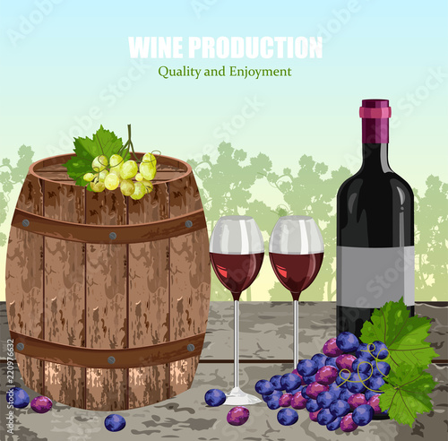 Wine history card with full glasses and bottle Vector. Vineyard backgrounds