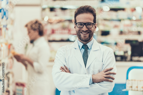Portrait Smiling Pharmacist Working in Drugstore