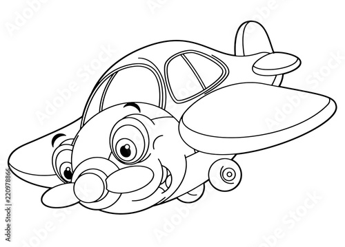 cartoon happy traditional plane with propeller smiling and flying - vector coloring page for children