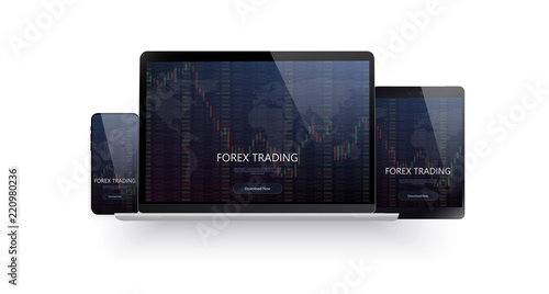 Realistic laptop,phone, tablet isolated . Financial review with laptop and infographic elements.Candlestick chart in financial market vector illustration on blue background. Forex trading design