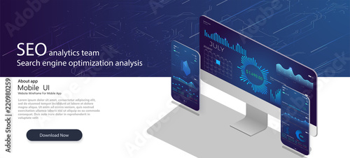 SEO analytics team landing page. Analytic web pages with charts.Search engine optimization analysis concept on ultraviolet background Vector 3d illustration
