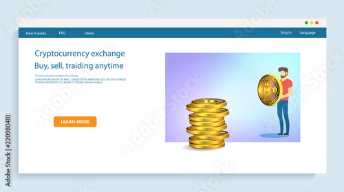 Businessman holding a golden bitcoin coin on the background of stacks of tokens. Blockchain network technology, ICO and cryptocurrency concept. Vector illustration.