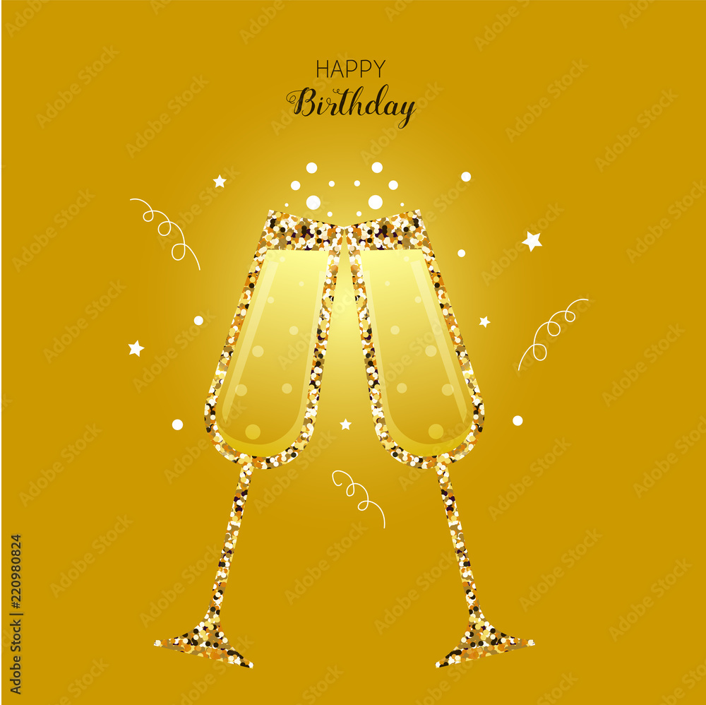 Happy Birthday greeting card with a glasses of champagne Stock Vector