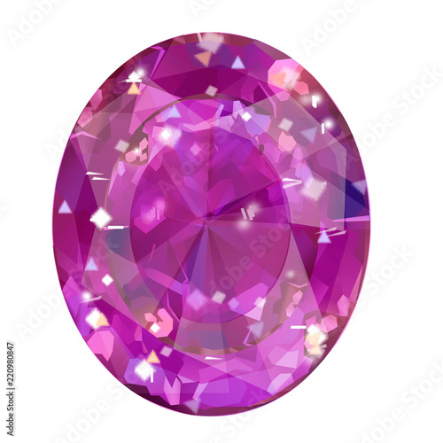 Insulated oval pink gemstone on white background..