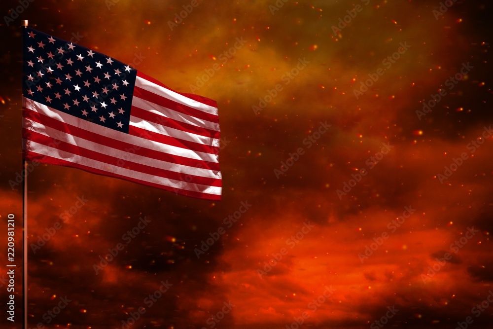 Fluttering USA flag mockup with blank space for your text on crimson red sky with smoke pillars background. Troubles concept.