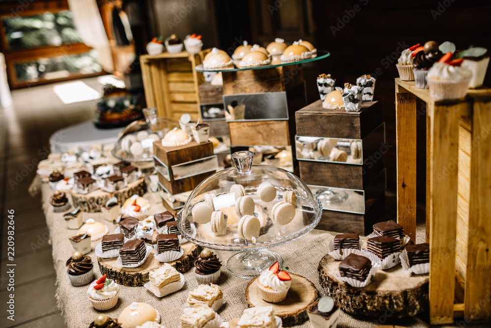 Candy Bar. Delicious sweet buffet with cupcakes. 