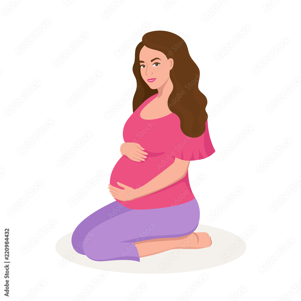 Cute happy pregnant woman isolated on white background vector flat illustration. Cute happy pregnant woman isolated on white background vector flat illustration.
