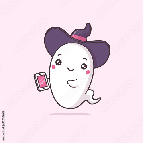 Cute Halloween ghost with witch hat using smartphone vector illustration in kawaii cartoon style