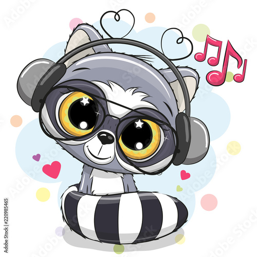 Cute Cartoon Raccoon with headphones