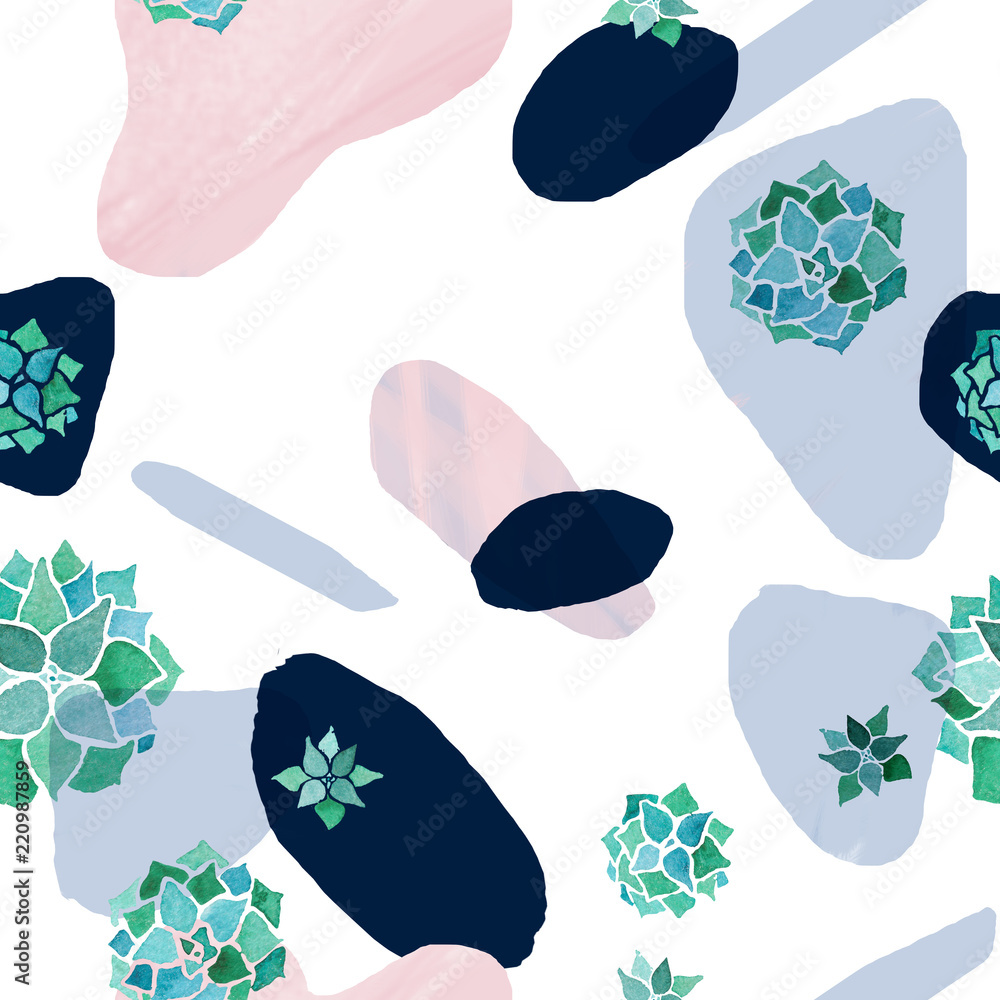 Abstract minimalist seamless pattern. Pastel rose, blue and black stains with watercolor echeveria plants on white background