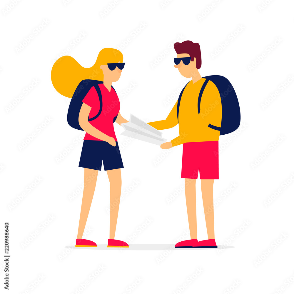 Couple is traveling, a guy is holding a card. Flat style vector illustration.
