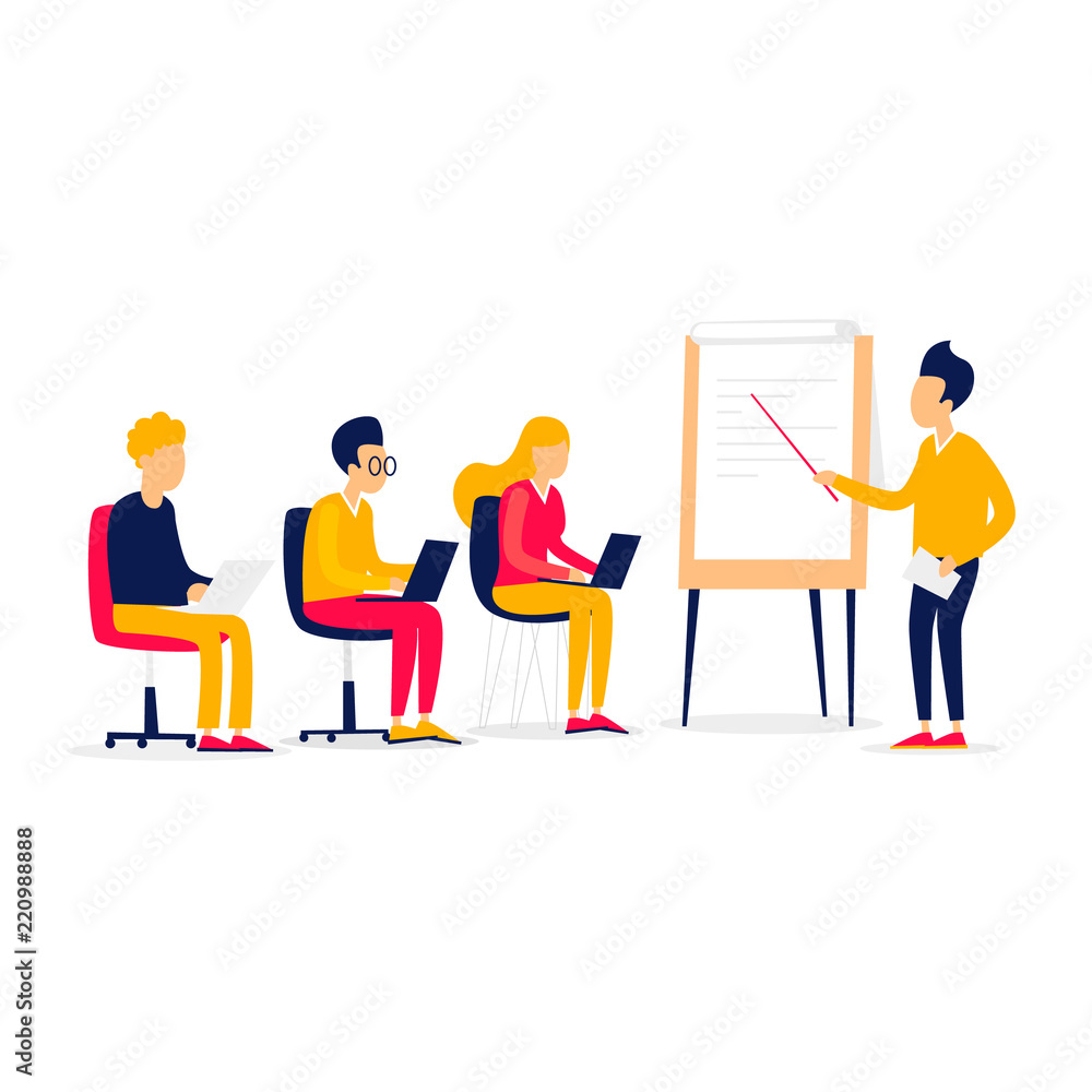 Obraz premium Office life, meeting, brainstorming, analysis, business training. Flat illustration isolated on white background.