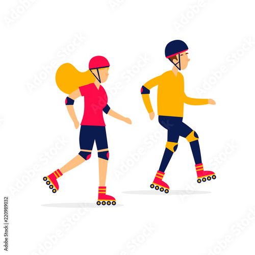 Man and a woman ride on roller skates, sports, activity. Flat illustration isolated on white background.
