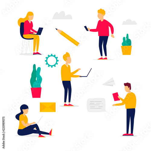 Communication through the Internet, social networks, news, chat. Flat illustration isolated on white background.