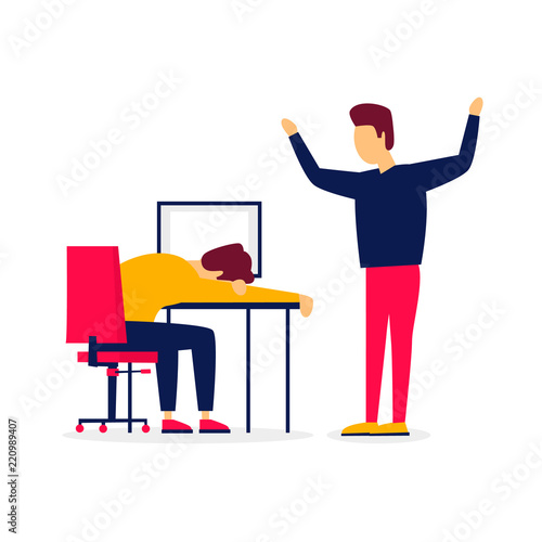 Employee fell asleep in the workplace, the boss shouts. Flat illustration isolated on white background.