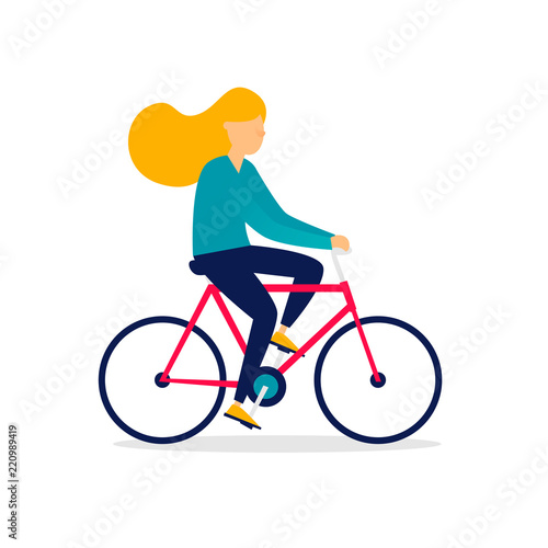 Woman is riding a bicycle. Flat illustration isolated on white background.