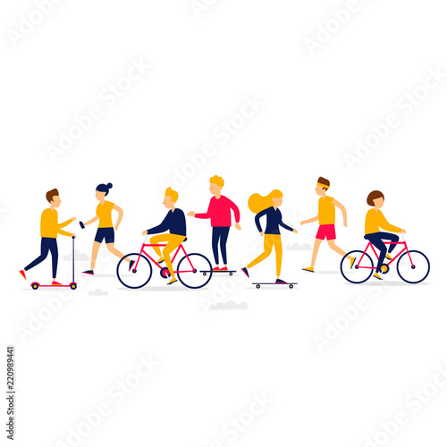 People go in for sports, bicycles, skate, scooter, rollers. Flat illustration isolated on white background.