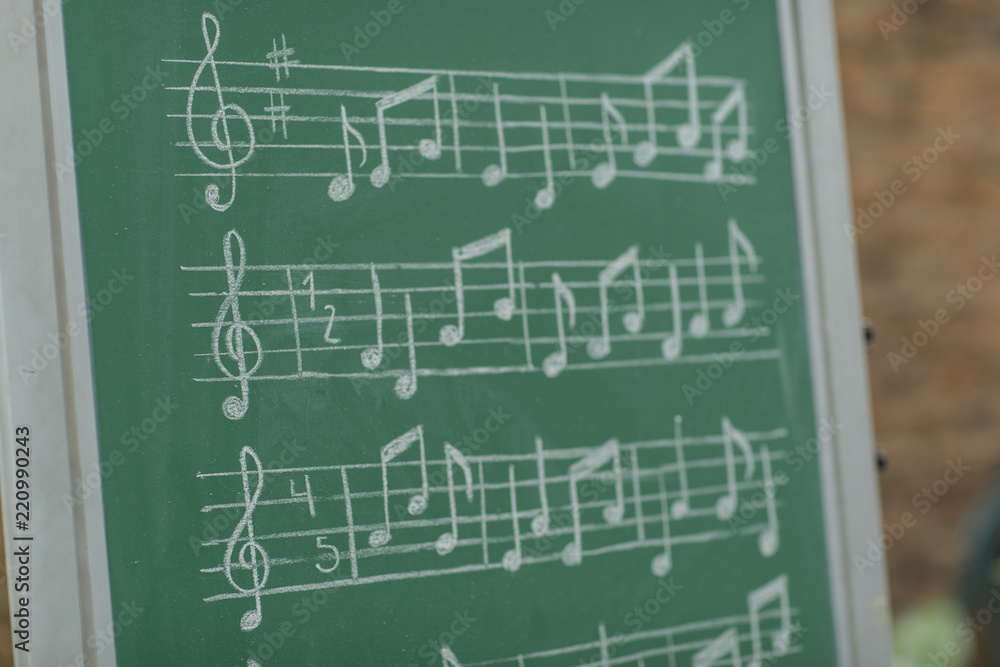 Teacher teaching musical notes on green chalkboard